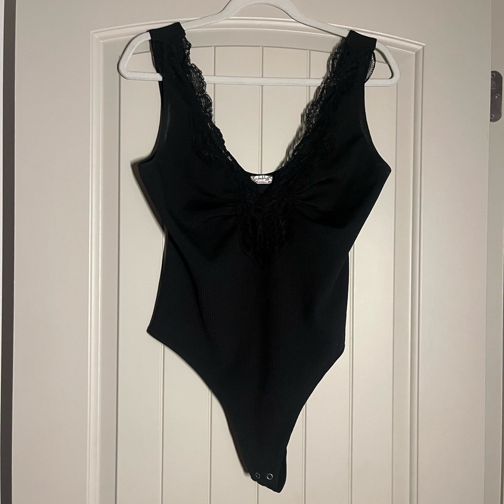 Free People Black Lace Trim Bodysuit